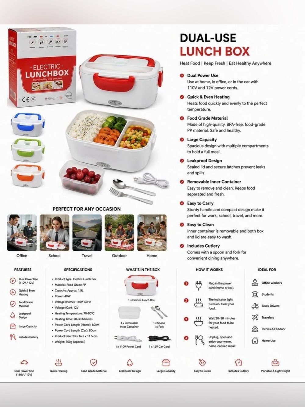 Electric Dual-Use Lunch Box - White and Red